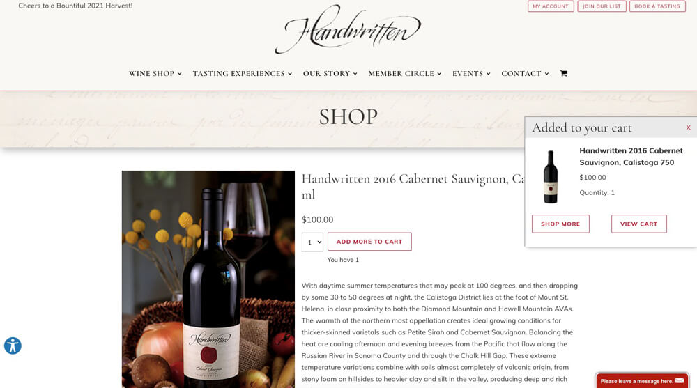 handwritten cart slide winery website design