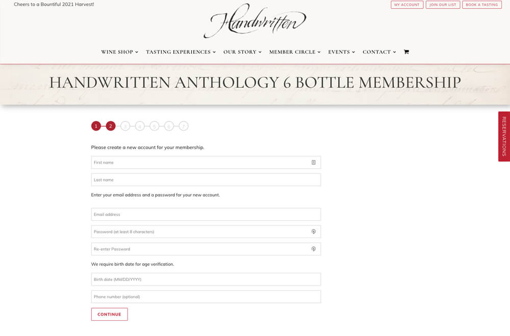 handwritten club sign up winery website design