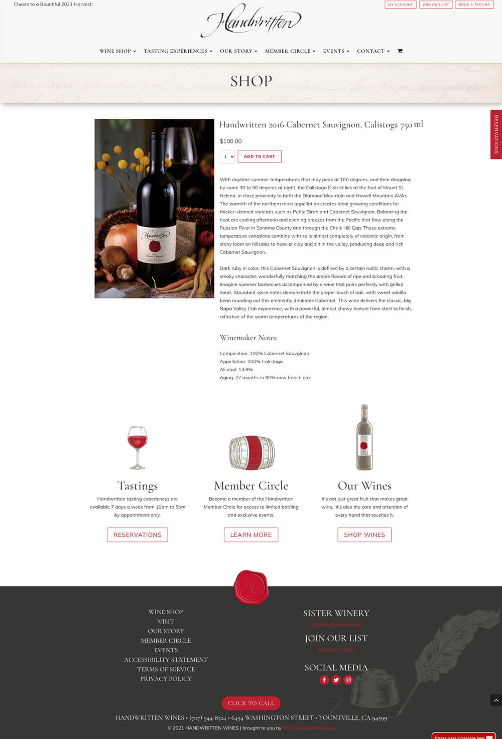 handwritten product winery website design