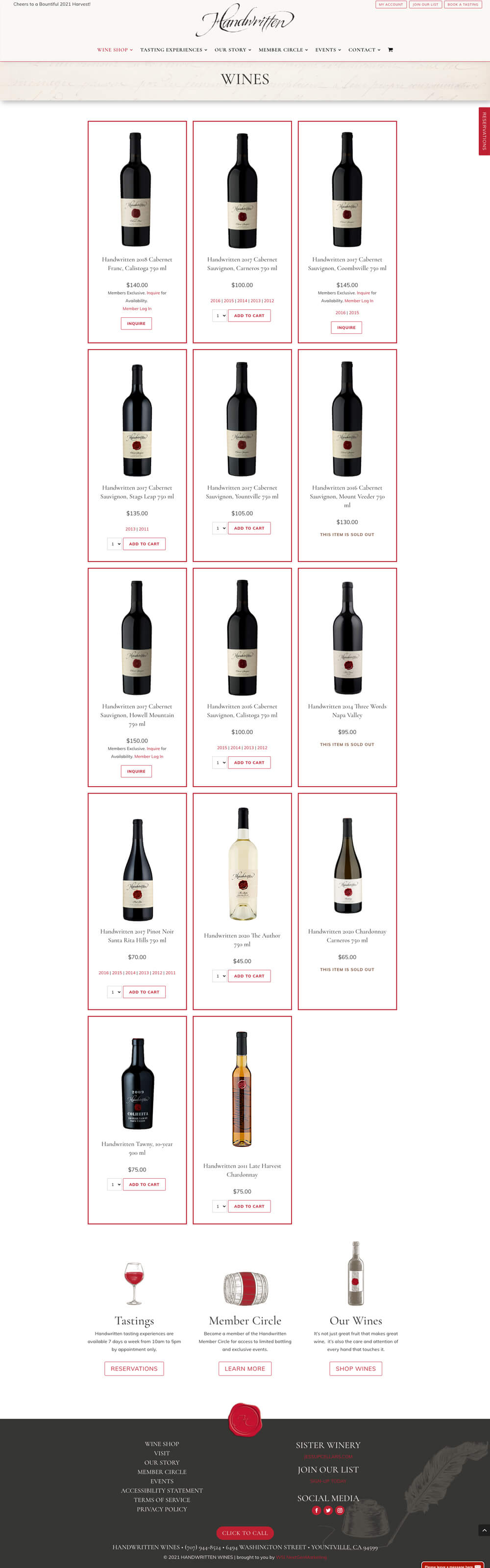 handwritten shop winery website design