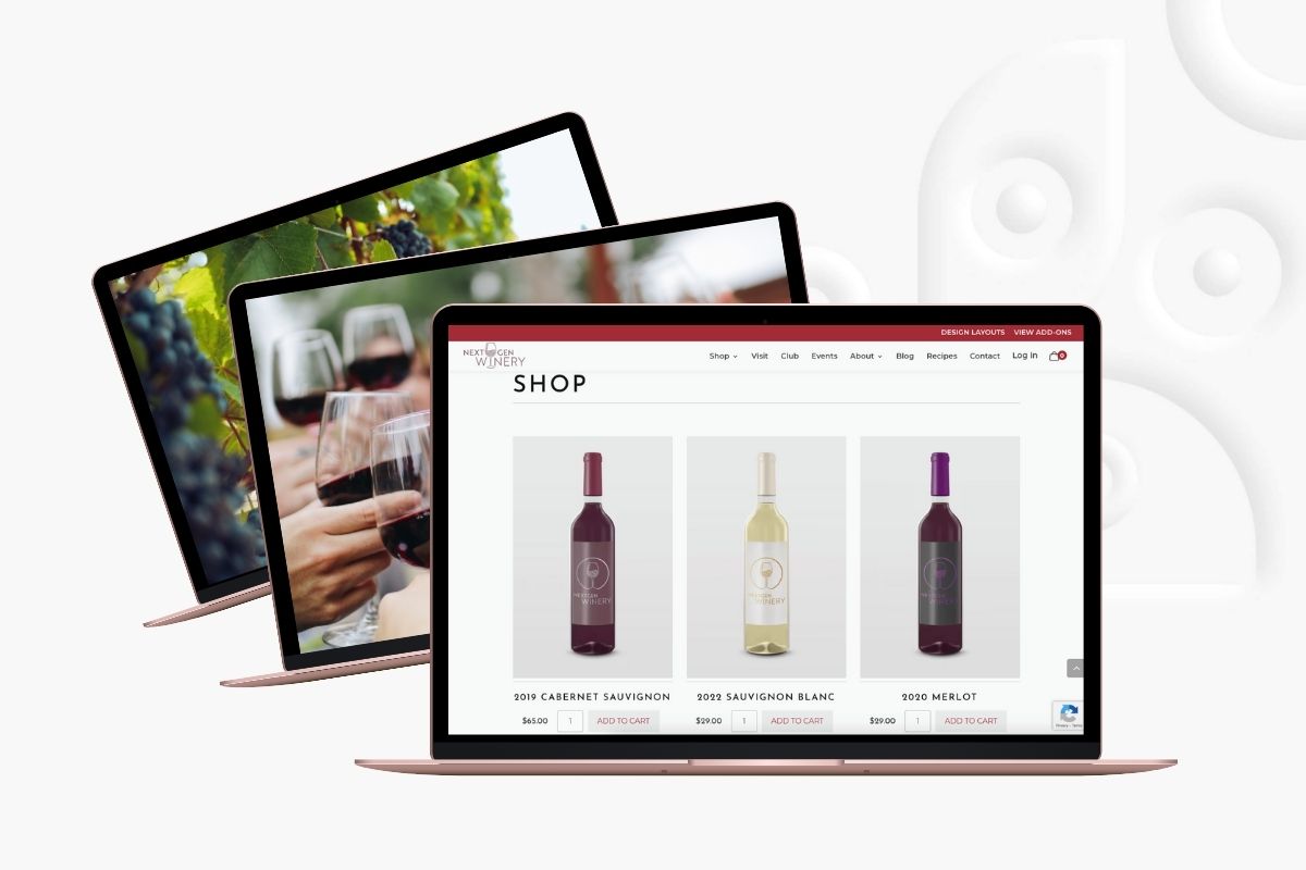 three laptops with winery website images