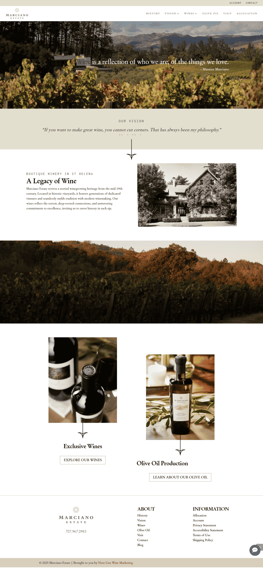 Screenshot of Marciano Estate website homepage