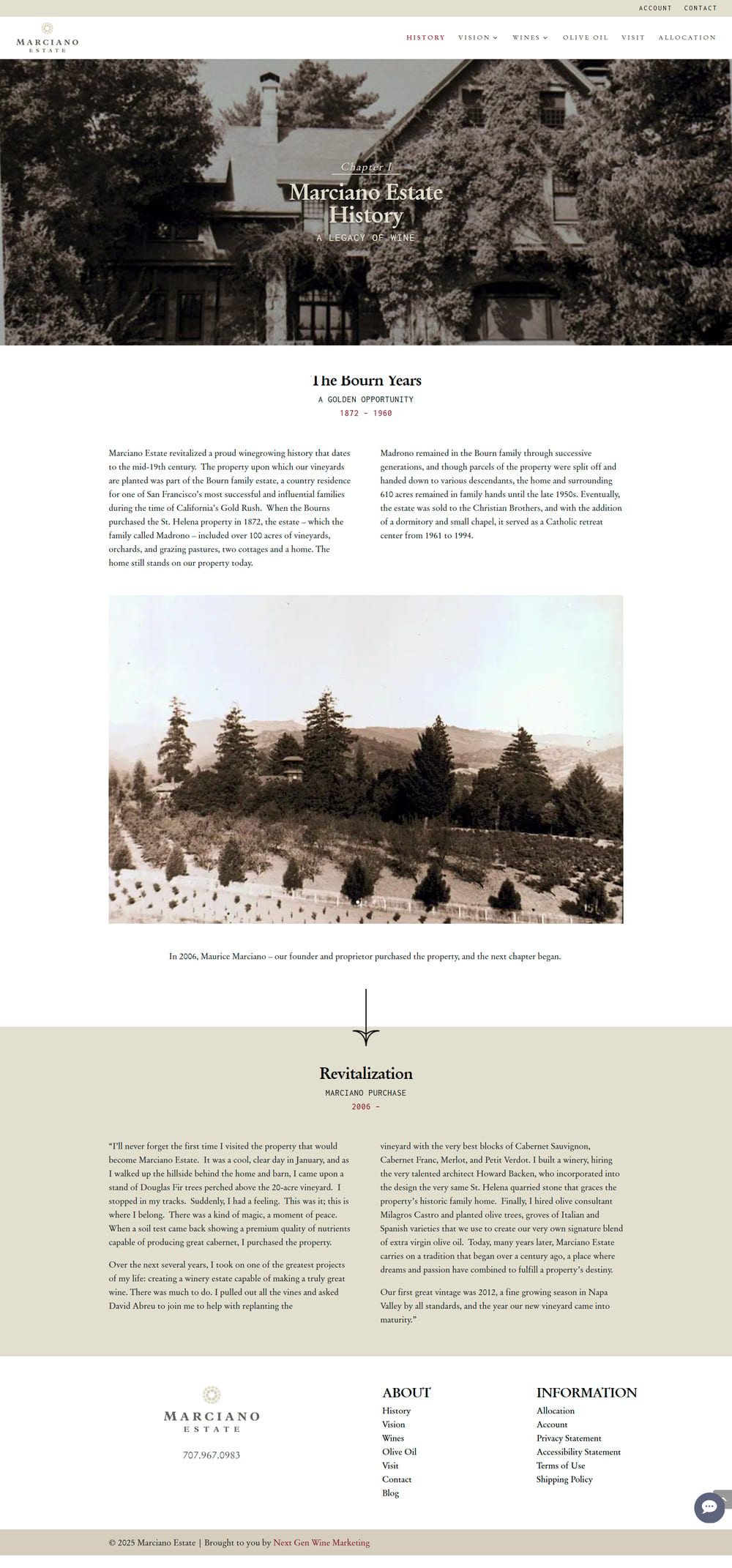 Screenshot of Marciano Estate website history page