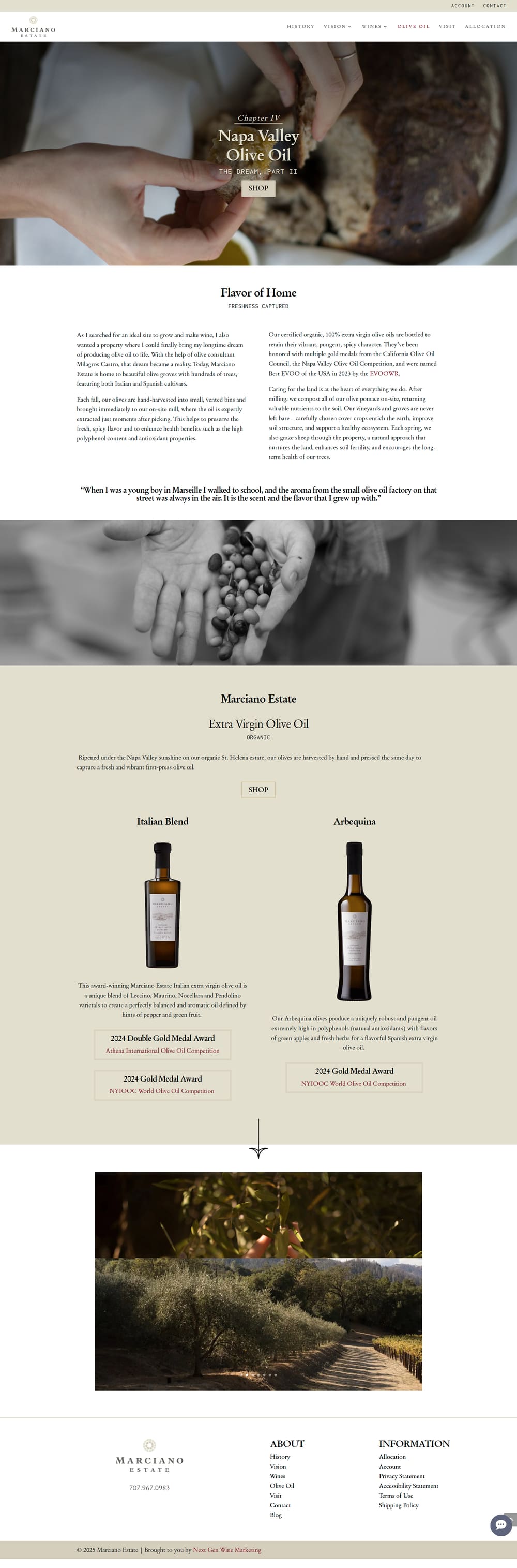 Screenshot of Marciano Estate website olive oil page