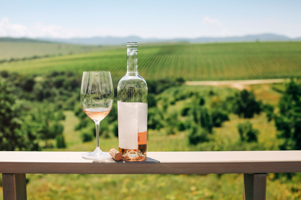 Wine bottle in the foreground with a vineyard in the background