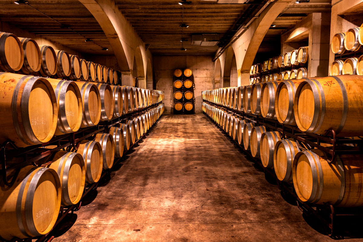 winery barrels in a winery cave